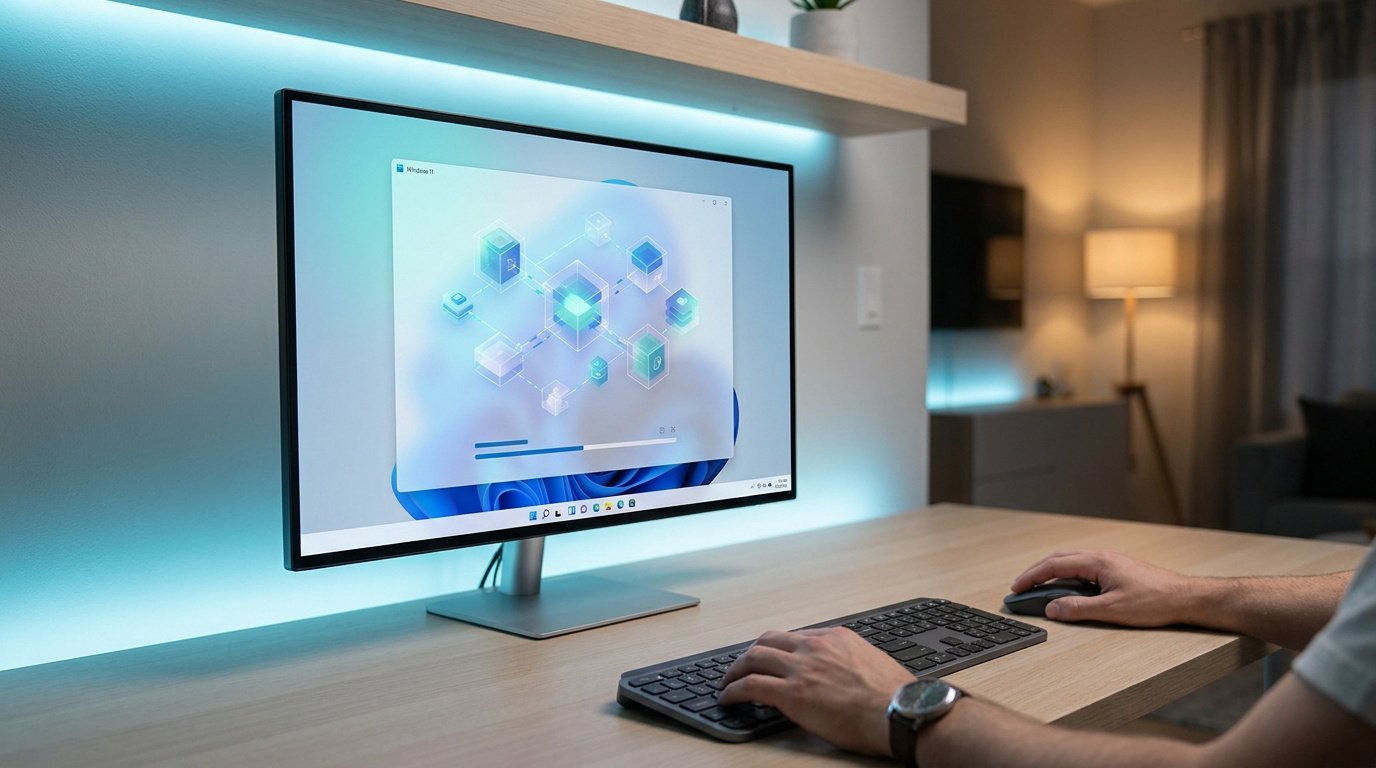 Un écran affichant une interface d'installation Docker sur Windows 11 dans un bureau moderne avec éclairage LED.