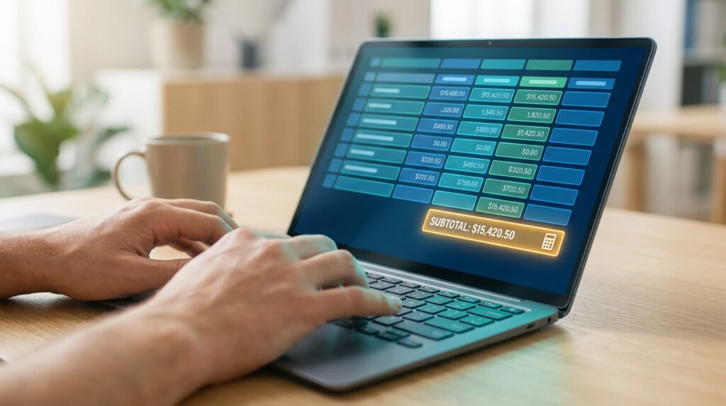 Mains sur un clavier d'ordinateur portable affichant un tableau financier avec un sous-total en évidence.