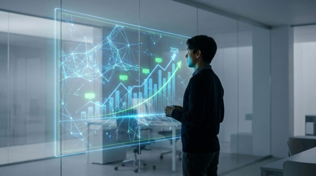 Un professionnel observe des graphiques de croissance numériques projetés sur une vitre de bureau moderne.