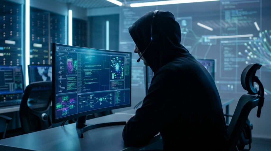 Un hacker portant un sweat à capuche et un casque travaille sur un ordinateur dans un centre de données sombre.