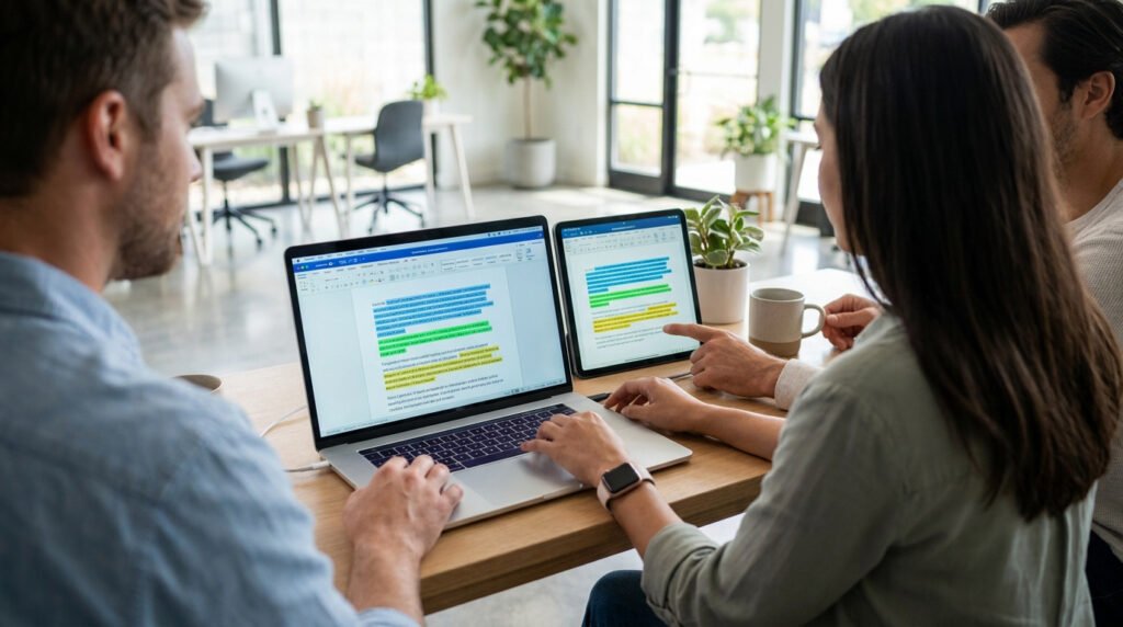 Trois collègues travaillent ensemble sur un ordinateur portable et une tablette affichant un document texte collaboratif.
