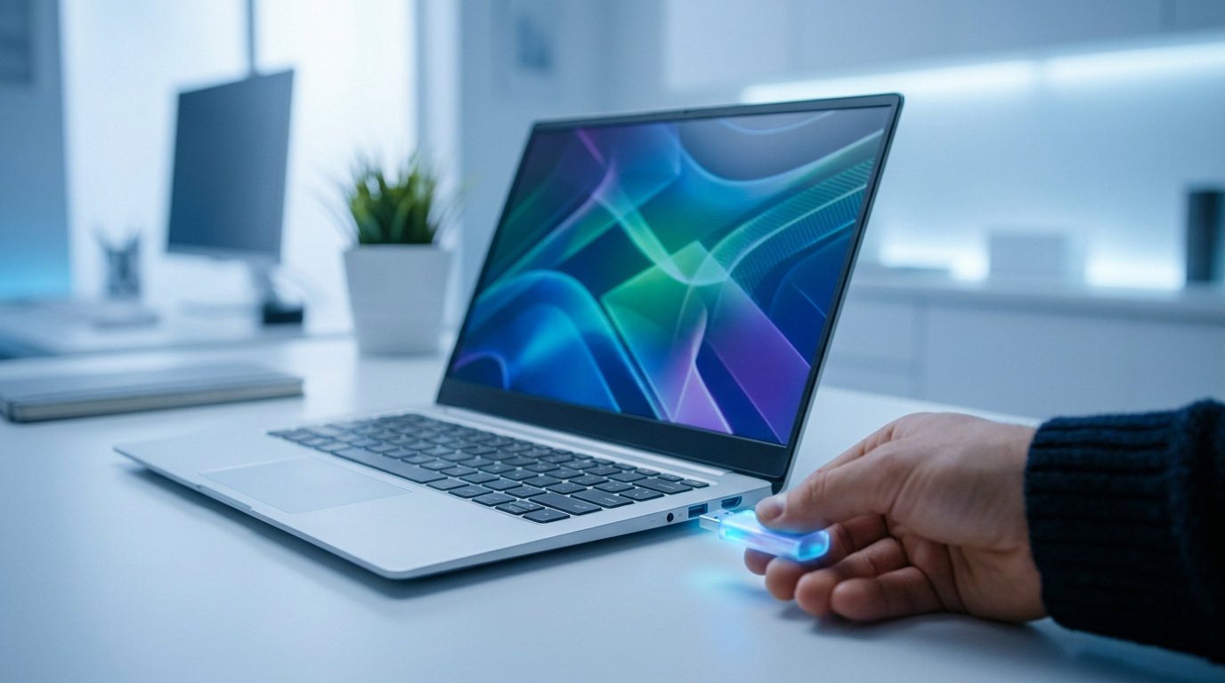 Une main insère une clé USB lumineuse dans un ordinateur portable moderne sur un bureau de travail lumineux.
