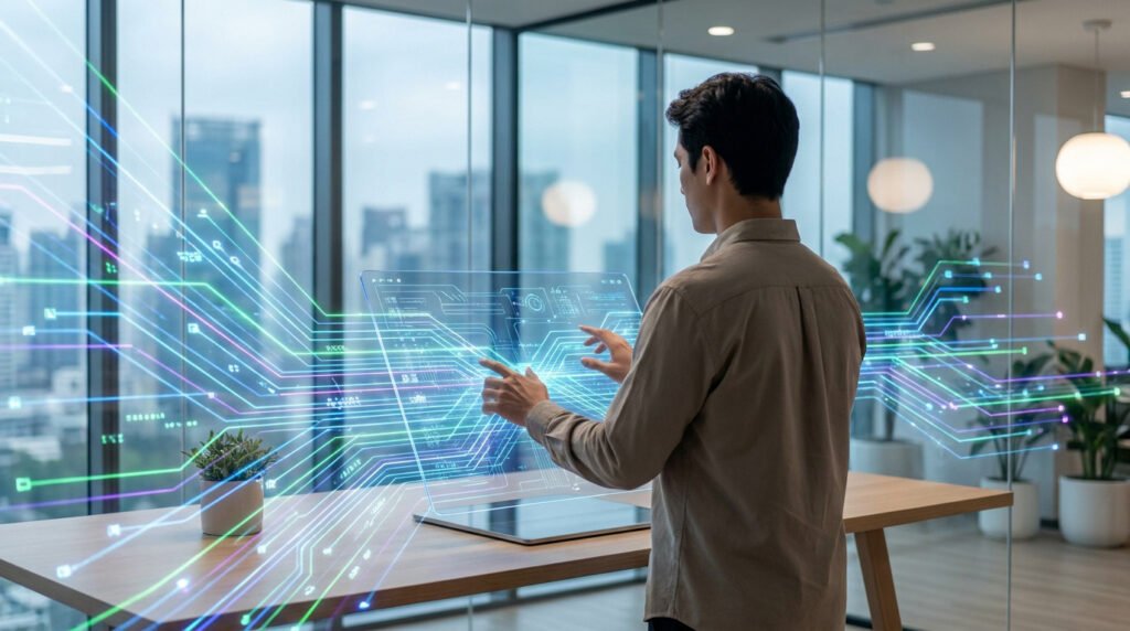 Un professionnel utilisant une interface holographique pour automatiser des processus numériques en entreprise.