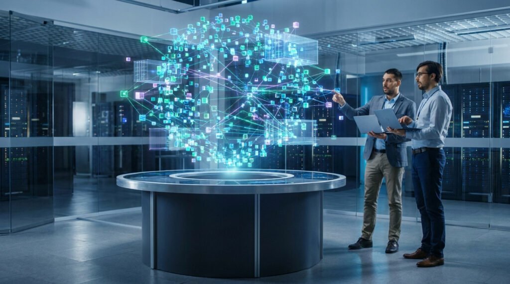 Deux ingénieurs analysant une visualisation holographique complexe de réseau de données dans un centre de serveurs.