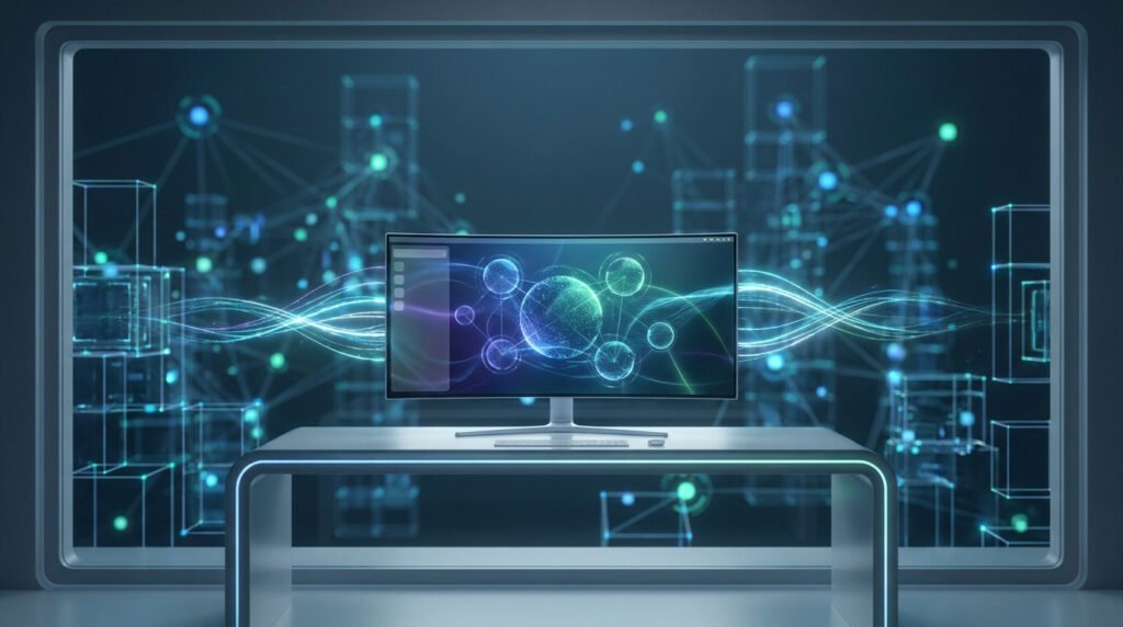 Un écran incurvé sur un bureau minimaliste avec un fond abstrait de réseaux numériques lumineux.